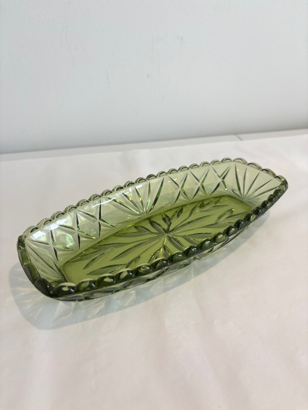 Vintage glass dish avocado green mid century pressed glass serving trinket dish